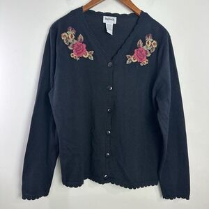 Vintage Bonworth Embroidered‎ Cardigan Sweater Black Floral Petite Medium